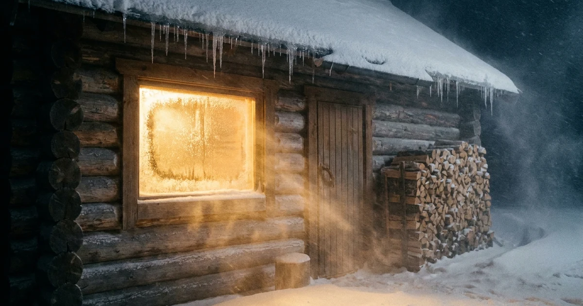 Баня зимой, тёплый свет из окна, снег