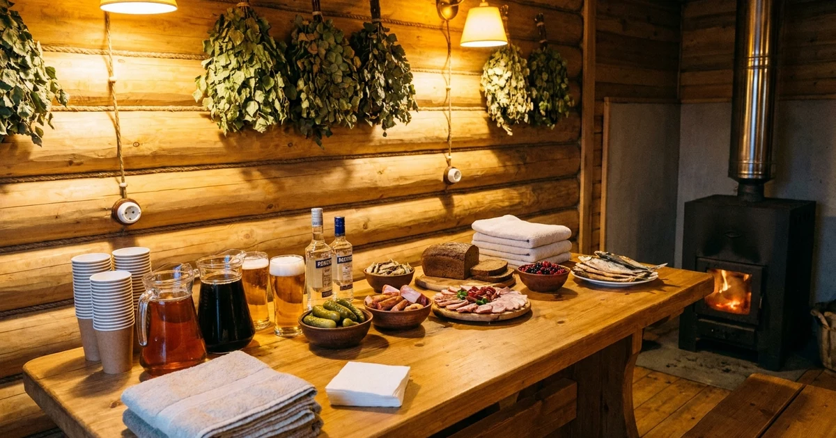 Большая компания в предбаннике, чай и закуски